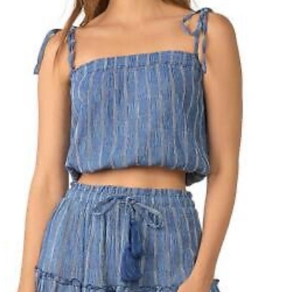 Elan Blue Striped Crop Top - Size Small - Square Neck & Spaghetti Straps - Picture 1 of 3